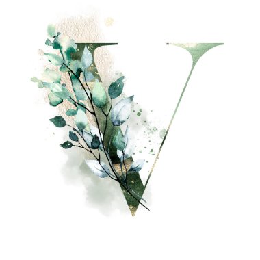 Çiçekli, suluboya çiçekli ve yapraklı V harfi.