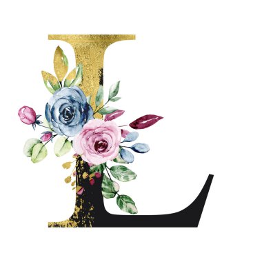 El çizimi suluboya resim, büyük harf L ve çiçekli elementler