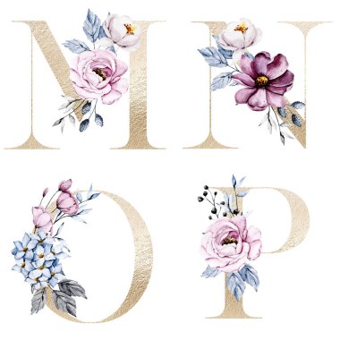 Çiçek alfabesi, M, N, O, P harfleri, yaratıcı suluboya resim.