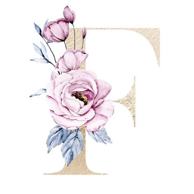 Şirin suluboya resim, çiçekli ve yapraklı F harfi, beyaz arkaplanda çiçek alfabesi.