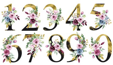 numbers set with watercolor art painting elements on white background