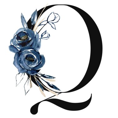 suluboya resim, çiçek ve yapraklı Q harfi, çiçek alfabesi.