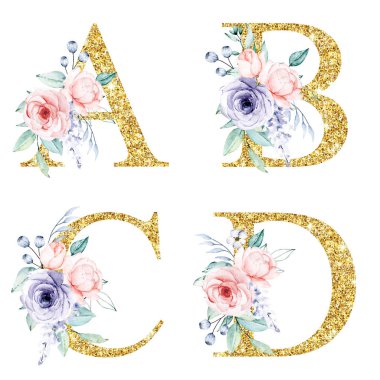 floral alphabet, letters A, B, C, D with watercolor flowers, creative art design, monogram initials