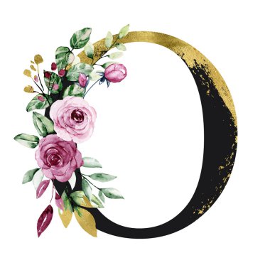 El çizimi suluboya resim, büyük harf O ve çiçek elementleri.