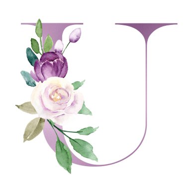 suluboya resim, çiçekli ve yapraklı U harfi, çiçek alfabesi.