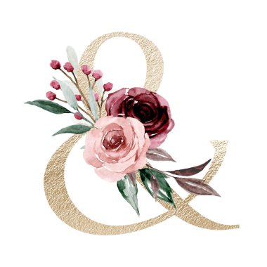 ampersand symbol on white background, watercolor painting with flowers