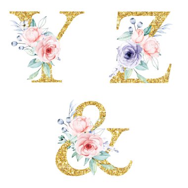 floral alphabet, letters Y, Z and ampersand symbol with watercolor flowers, creative art design, monogram initials