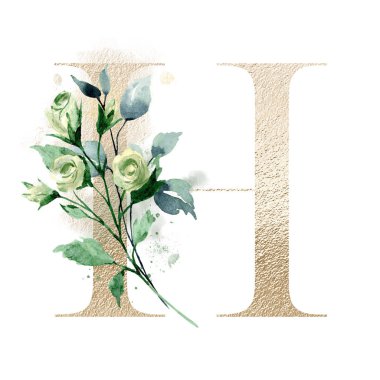suluboya çiçekli ve yapraklı güzel bir çiçek harfi.