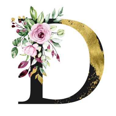 El çizimi suluboya resim, çiçekli büyük harf D