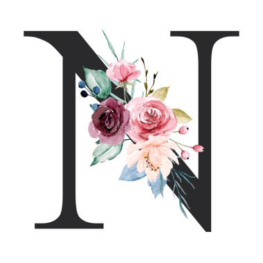 floral monogram, letter N watercolor painting with flowers and leaves