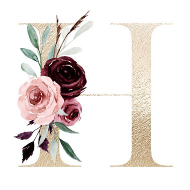 Şirin suluboya resim, çiçek ve yapraklı H harfi, beyaz arkaplanda çiçek alfabesi.