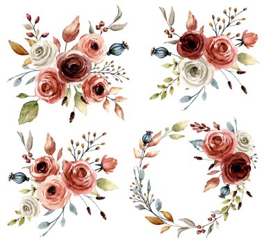 Floral collection with watercolor flowers, set of colorful bouquets
