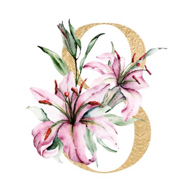 Çiçek ve yapraklı 8 numaralı yaratıcı resim, elle çizilmiş suluboya resim