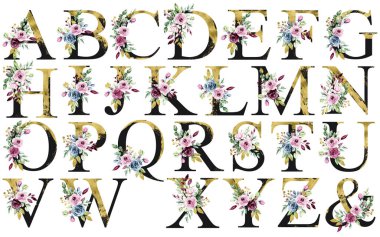 alphabet with floral elements, art watercolor painting letters with flowers and leaves