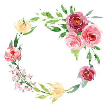 Suluboya çiçekli çelenk, tebrik kartı, davetiye ve diğer baskı tasarımları için çiçek seti. Beyazda izole edilmiş. El çizimi.