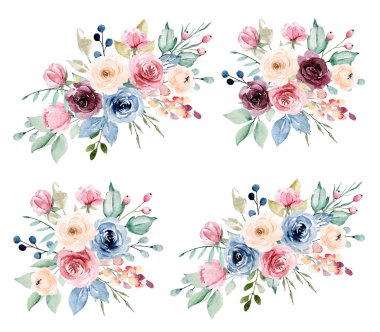 Floral collection with watercolor flowers, set of colorful bouquets