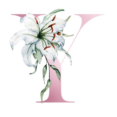 Çiçek alfabesi, güzel bir harf. Çiçek ve yapraklarla süslenmiş, suluboya resim.