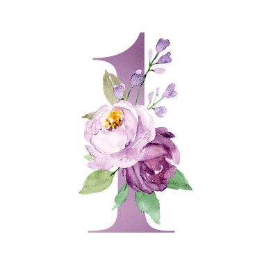 number 1 decorated with flowers and leaves on white background