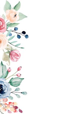 Çiçeksel çerçeve sınır tasarımı, suluboya boya çiçek ve yapraklar