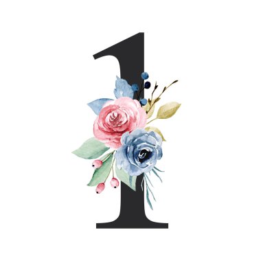 number 1 on white background, with flowers and leaves made with watercolor, floral monogram