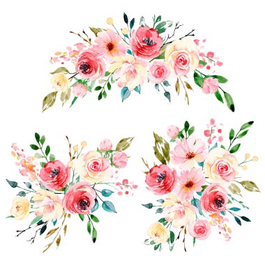 Floral collection with watercolor flowers, set of colorful bouquets