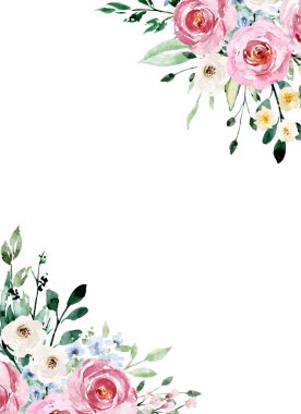 Çiçeksel çerçeve sınır tasarımı, suluboya boya çiçek ve yapraklar