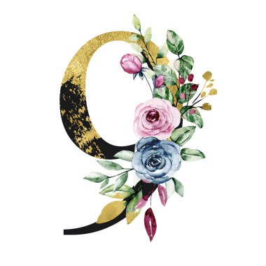 number 9 on white background, with flowers and leaves made with watercolor, floral monogram