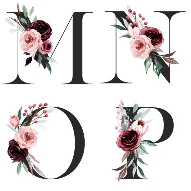 Çiçek alfabesi, M, N, O, P harfleri, yaratıcı suluboya resim.