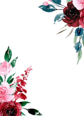 Suluboya çiçekler, tebrik kartı, davetiye ve diğer baskı tasarımları için çiçek çerçevesi. Beyazda izole edilmiş. El çizimi.