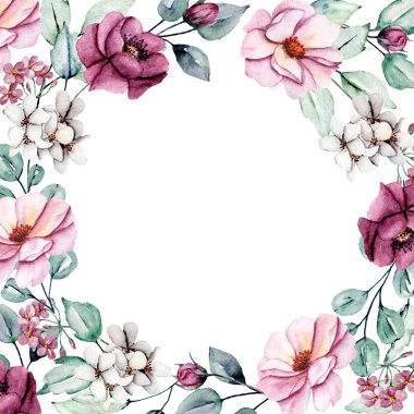 Suluboya çiçekler, tebrik kartı, davetiye ve diğer baskı tasarımları için çiçek çerçevesi. Beyazda izole edilmiş. El çizimi.