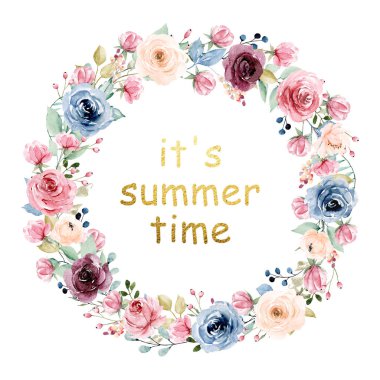 Ortasında yazı olan çelenk, çiçek çizimi, suluboya çiçek konsepti.