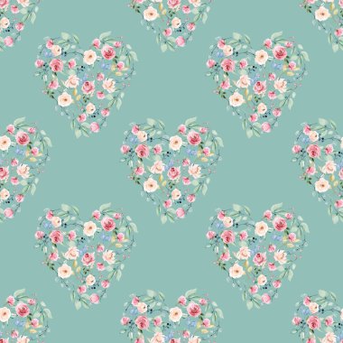 Çiçekli kalp çelenkleriyle sulu boya deseni