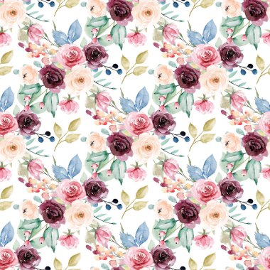 Kusursuz bir arka plan, suluboya çiçekli çiçek deseni. Kumaş duvar kağıdı desenini tekrarla