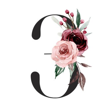 3 numara, elle çizilmiş suluboya resim tasarımı. 