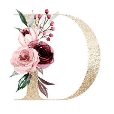 Şirin suluboya resim, çiçek ve yapraklı D harfi, beyaz arkaplanda çiçek alfabesi.