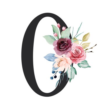 number 0 on white background, with flowers and leaves made with watercolor, floral monogram