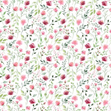 Çiçeksel elementlerle kusursuz suluboya çizimi, arka planı tekrarla