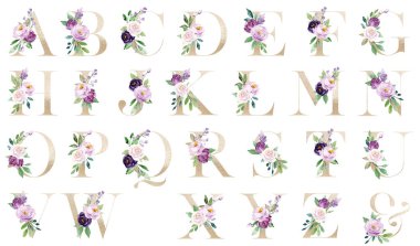 Floral alphabet, letters set with watercolor flowers and leaves