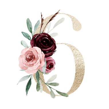 golden number 6, with flowers and leaves isolated on white, watercolor painting