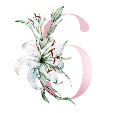 Çiçekli ve yapraklı 6 numaralı yaratıcı resim, elle çizilmiş suluboya resim