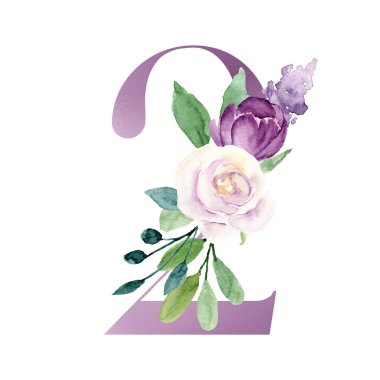 number 2 decorated with flowers and leaves on white background