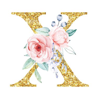 Altın alfabe, çiçekli ve yapraklı X harfi suluboya resim, çiçek desenli monogram.