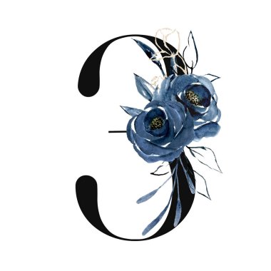 beautiful art painting design with flowers and number 3 isolated on white background