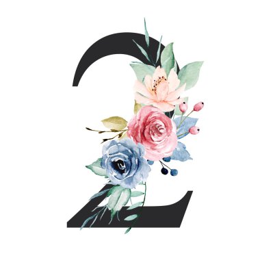 number 2 on white background, with flowers and leaves made with watercolor, floral monogram