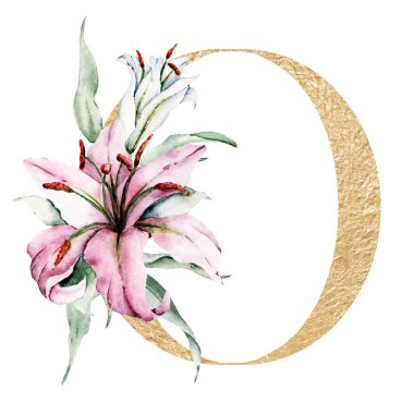 Çiçek alfabesi, güzel harf Çiçekler ve yapraklarla süslenmiş, suluboya resim