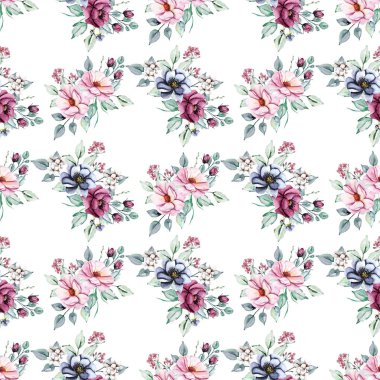 Kusursuz bir arka plan, suluboya çiçekli çiçek deseni. Kumaş duvar kağıdı desenini tekrarla