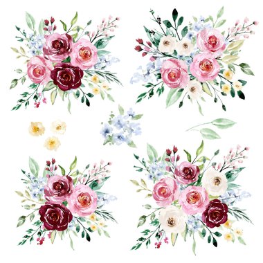 Floral collection with watercolor flowers, set of colorful bouquets