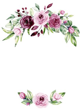 Çiçeksel çerçeve sınır tasarımı, suluboya boya çiçek ve yapraklar