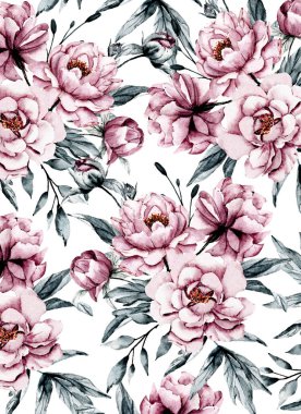 Suluboya çiçekleri ve yapraklarla kusursuz desen, resim tasarımı