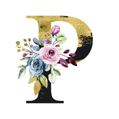 El çizimi suluboya resim, çiçekli büyük harf P